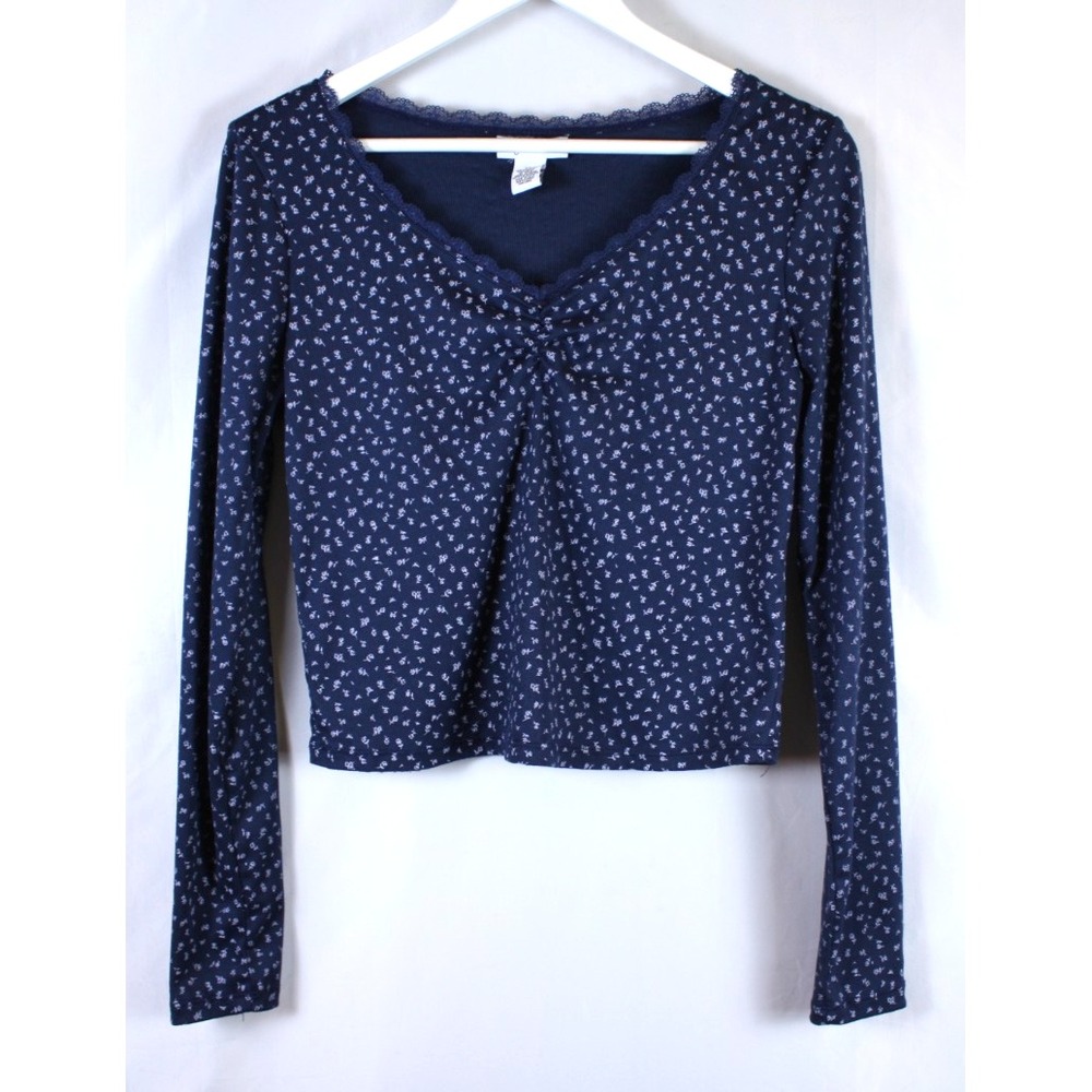 Just Polly Floral Printed Navy Blue Ribbed Cropped Long Sleeved Top Size XL Y2K